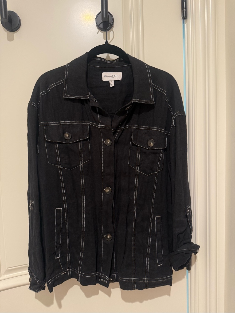 Michael Stars Black Button-Front Jean Jacket with White Contrast Stitching